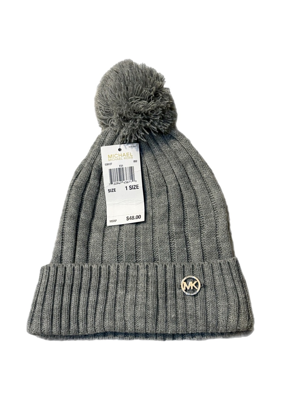 NWT Michael Kors Gray Ribbed Knit Beanie Pom Pom Winter Hat One Size